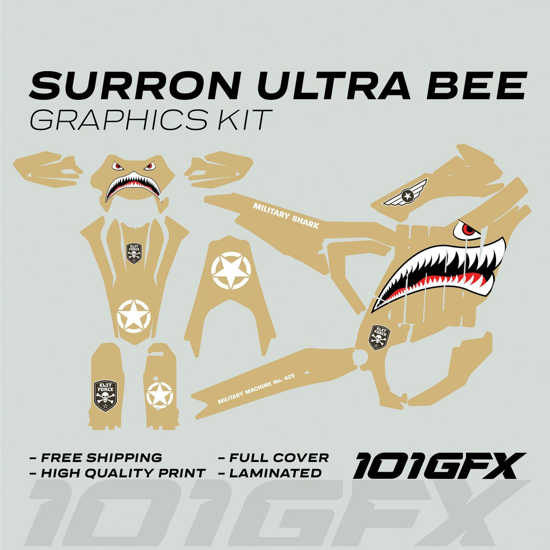 Surron Ultra Bee Graphics Kit MILITARY SHARK Sand army camouflage features shark motifs, stars, and skull badges, laid out flat for precise application.
