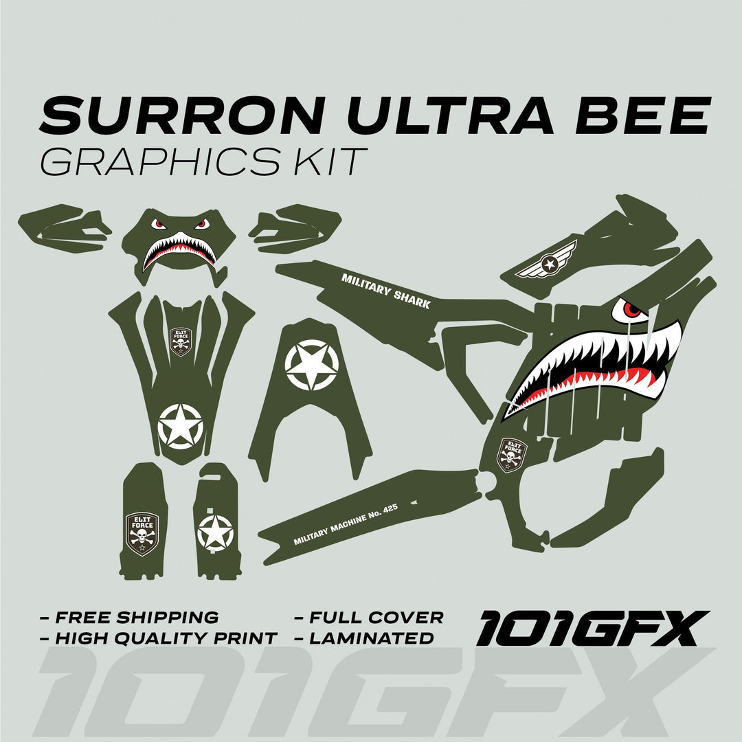 Surron Ultra Bee Graphics Kit MILITARY SHARK, featuring olive-green decals with military stars, shark-mouth motif, and Elite Force badges. Includes front plate and side panels.