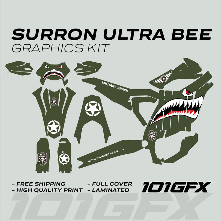 Surron Ultra Bee Graphics Kit MILITARY SHARK, featuring olive-green decals with military stars, shark-mouth motif, and Elite Force badges. Includes front plate and side panels.