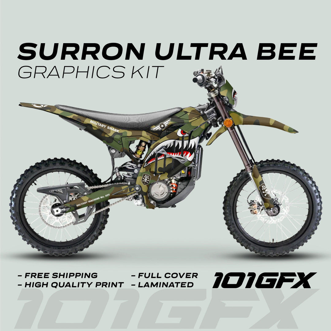 Surron Ultra Bee Graphics Kit MILITARY SHARK Camo displayed on bike; features shark-mouth design, camouflage wrap, promoting high quality, full coverage, and free shipping.