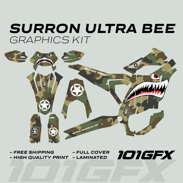 Surron Ultra Bee Graphics Kit MILITARY SHARK Camo with woodland-camo decals, shark-mouth, military insignia, highlighting free shipping, high-quality, full coverage, laminated finish.