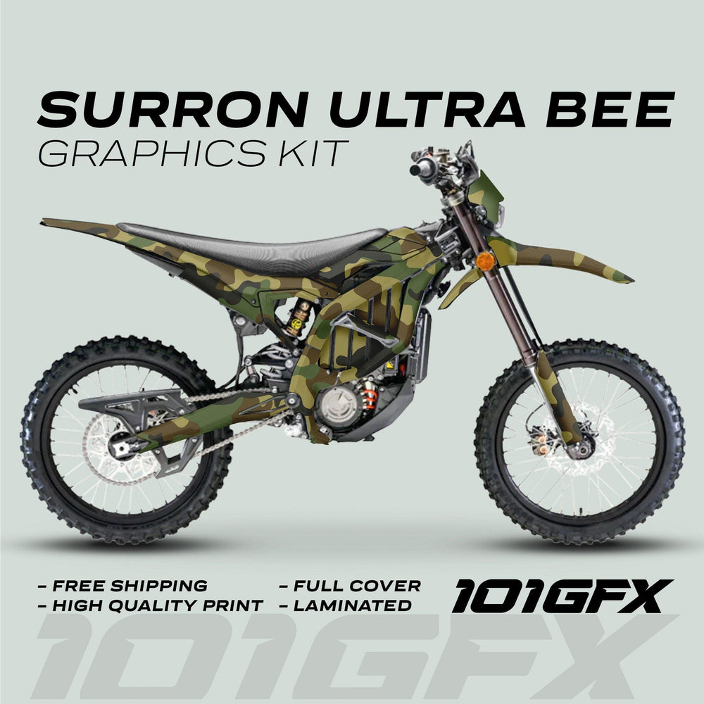 Surron Ultra Bee Graphics Kit CAMOUFLAGE Military army on an electric dirt-bike side-view, showcasing a woodland decal set with high-quality, full-cover protection.