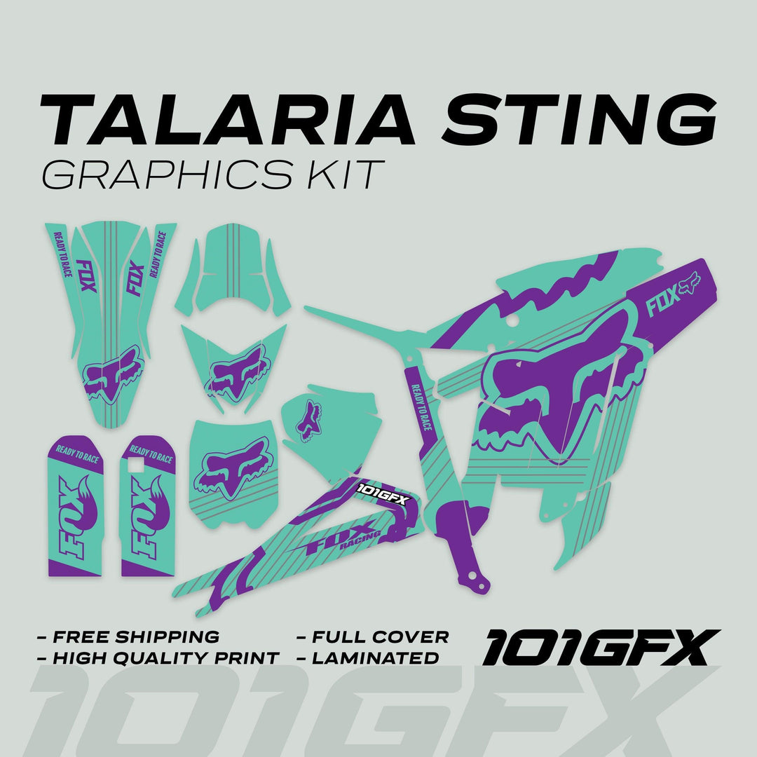Talaria Sting MX3 MX4 Graphics Kit FOX STRIPES Mint Purple with teal, purple decals, FOX logo, Ready to Race text, promoting high-quality, laminated design.