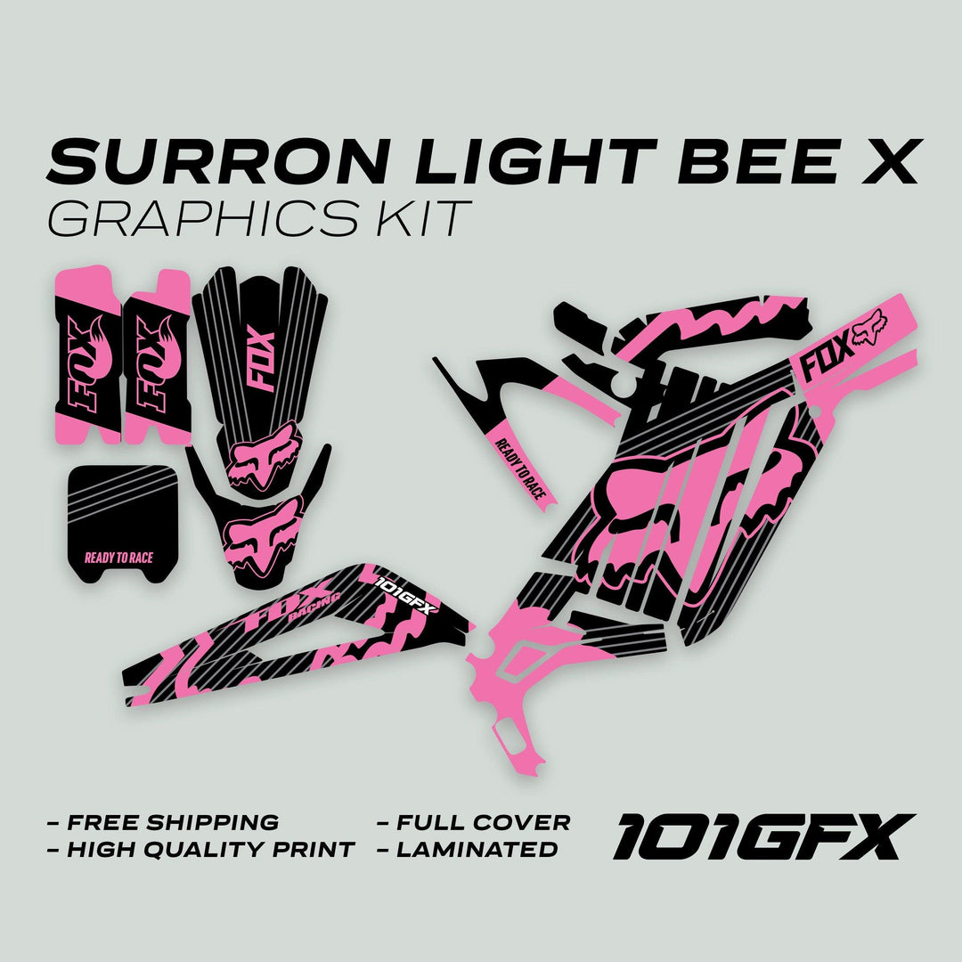 Surron Light Bee X Graphics Kit FOX STRIPES BLACK Pink, featuring black/pink decals for forks, fenders, panels, and more, with Fox logos and READY TO RACE call-outs.