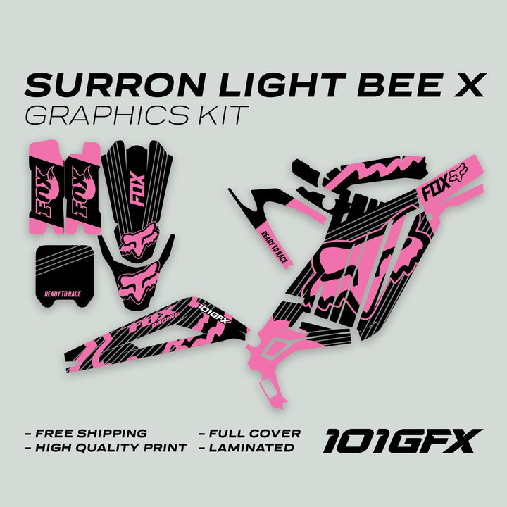 Surron Light Bee X Graphics Kit FOX STRIPES BLACK Pink, featuring black/pink decals for forks, fenders, panels, and more, with Fox logos and READY TO RACE call-outs.