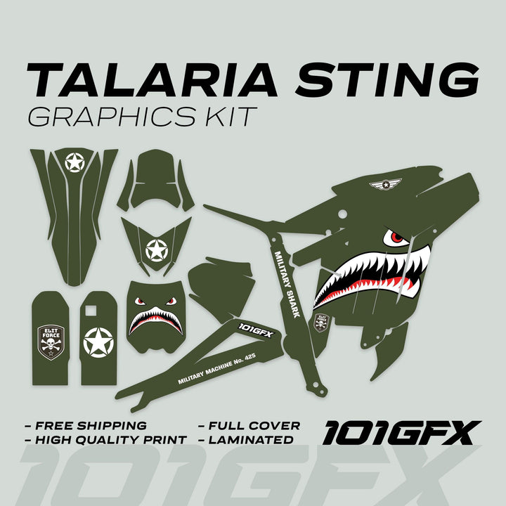 Talaria Sting MX3 MX4 Graphics Kit MILITARY SHARK Olive with olive-green vinyl decals, shark-mouth artwork, and badges, highlighting durability and style with free shipping.