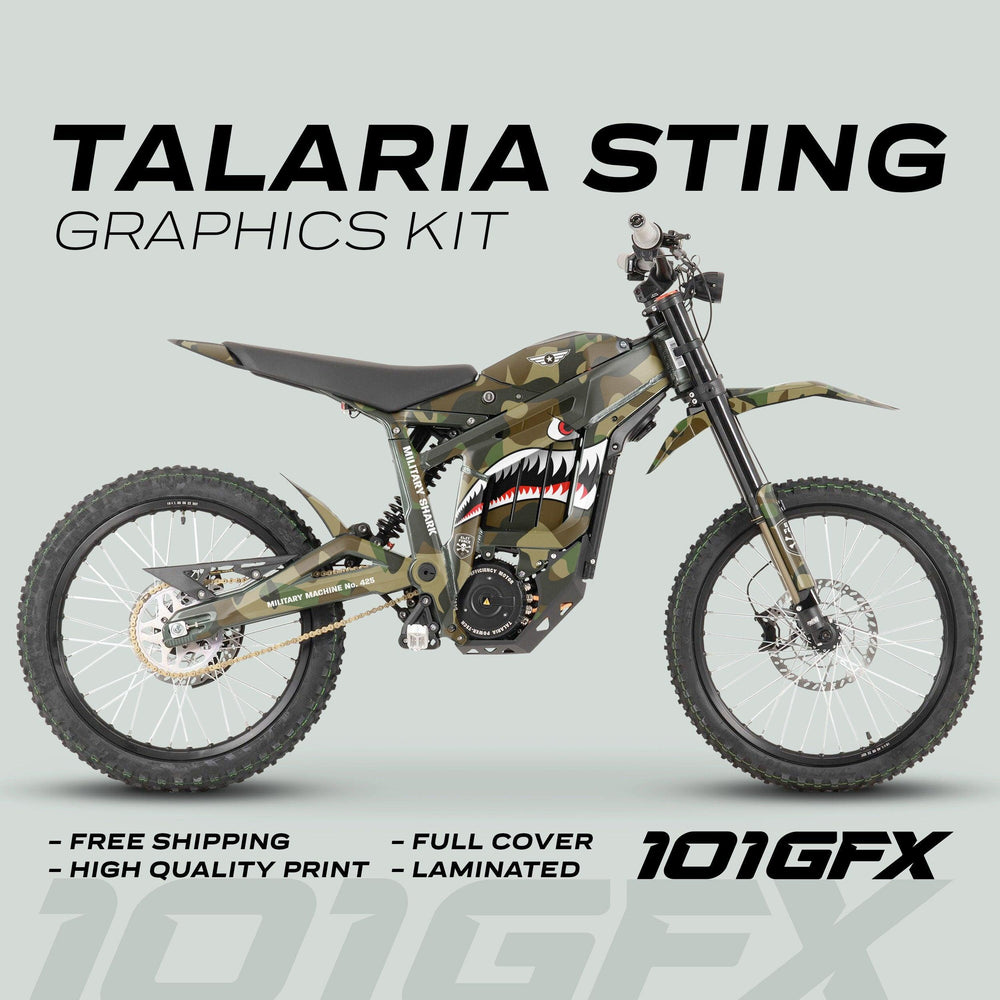 Talaria Sting MX3 MX4 Graphics Kit MILITARY SHARK CAMO featuring a camouflage livery with shark-teeth art, promoting high-quality print, full cover, and laminated finish.