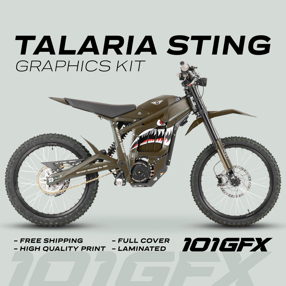 Side-view of Talaria Sting MX3 MX4 Graphics Kit MILITARY SHARK Brown on bike, featuring olive-drab livery with shark-mouth graphic, highlighting free shipping and quality.