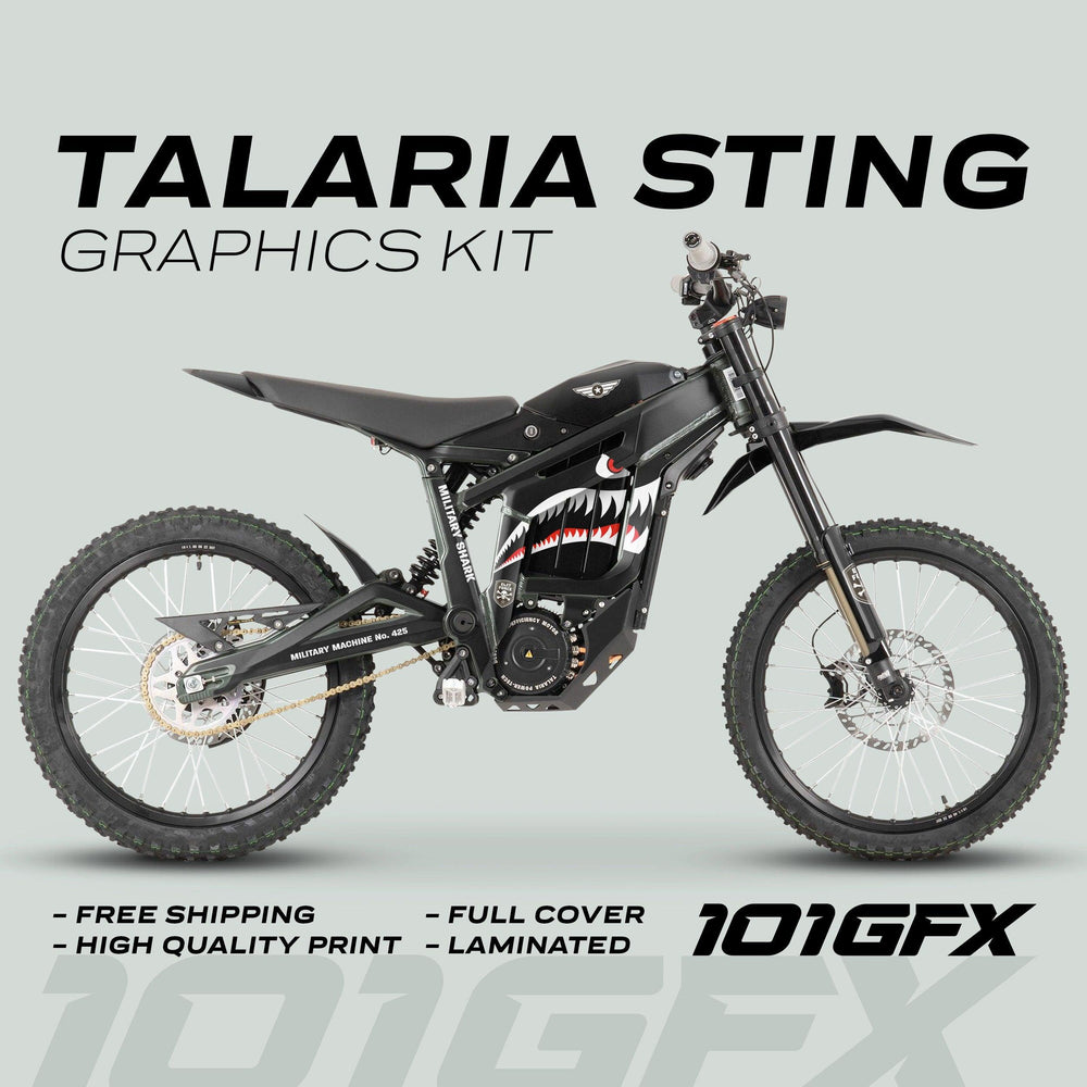 Talaria Sting MX3 MX4 Graphics Kit MILITARY SHARK Black on a dirt bike with shark-mouth decal, highlighting free shipping, high quality, full cover, and laminated features.