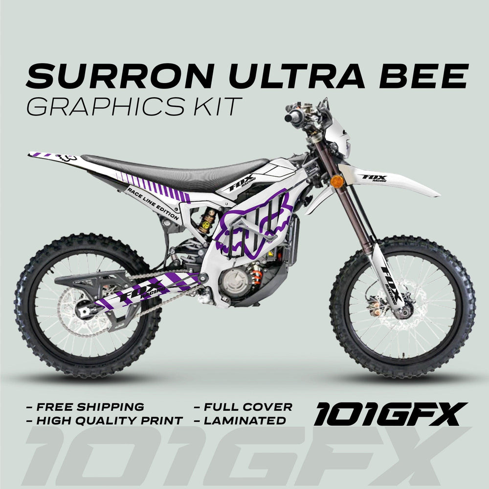 Surron Ultra Bee Graphics Kit FOX RACE LINE White Purple on electric dirt-bike, showcasing sleek decals with full-coverage, laminated high-quality prints, emphasizing durability and easy installation.