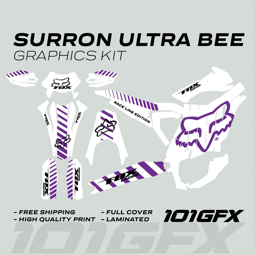 Surron Ultra Bee Graphics Kit FOX RACE LINE White Purple displayed with adhesive decal panels, featuring bold purple stripes, FOX logos, and RACE LINE EDITION branding.