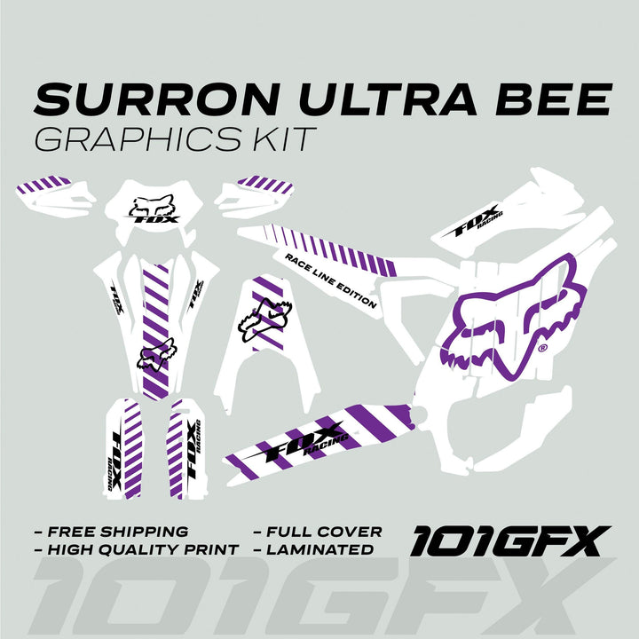 Surron Ultra Bee Graphics Kit FOX RACE LINE White Purple displayed with adhesive decal panels, featuring bold purple stripes, FOX logos, and RACE LINE EDITION branding.