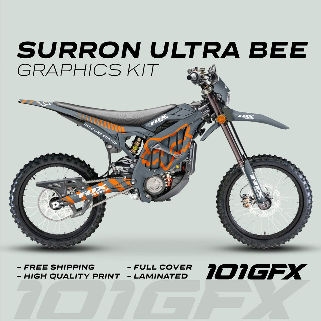Surron Ultra Bee Graphics Kit FOX RACE LINE Grey Orange displayed with full-coverage vinyl decals, Fox Racing logos, and highlights like Race Line Edition and Laminated features.