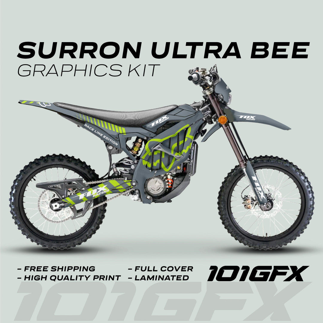 Surron Ultra Bee Graphics Kit FOX RACE LINE Grey Green on bike, showcasing stylish decals, full coverage, laminated finish, highlighting free shipping and easy application.