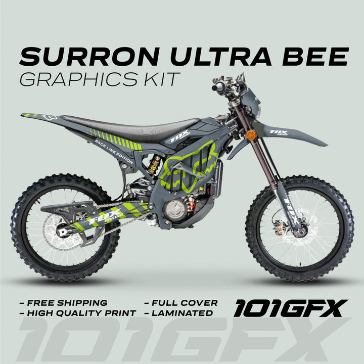 Surron Ultra Bee Graphics Kit FOX RACE LINE Grey Green on bike, showcasing stylish decals, full coverage, laminated finish, highlighting free shipping and easy application.
