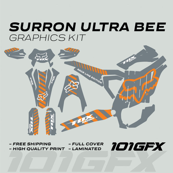 Surron Ultra Bee Graphics Kit FOX RACE LINE Grey Orange displayed with decal pieces for a complete bike upgrade, highlighting durability and easy application.