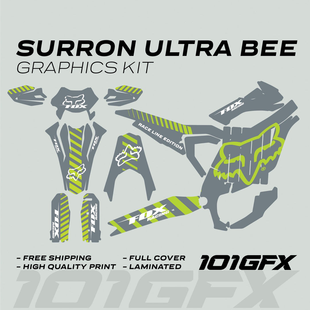 Surron Ultra Bee Graphics Kit FOX RACE LINE Grey Green, featuring full-coverage, die-cut vinyl decals with FOX Racing branding, neon-green stripes, and Race Line Edition callout.