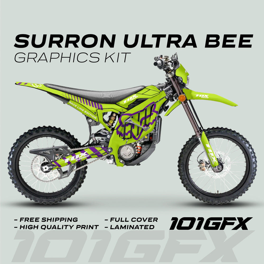 SurRon Ultra Bee Graphics Kit FOX RACE LINE Green Purple on an electric bike, highlighting vibrant design, durability, full coverage, and easy installation.
