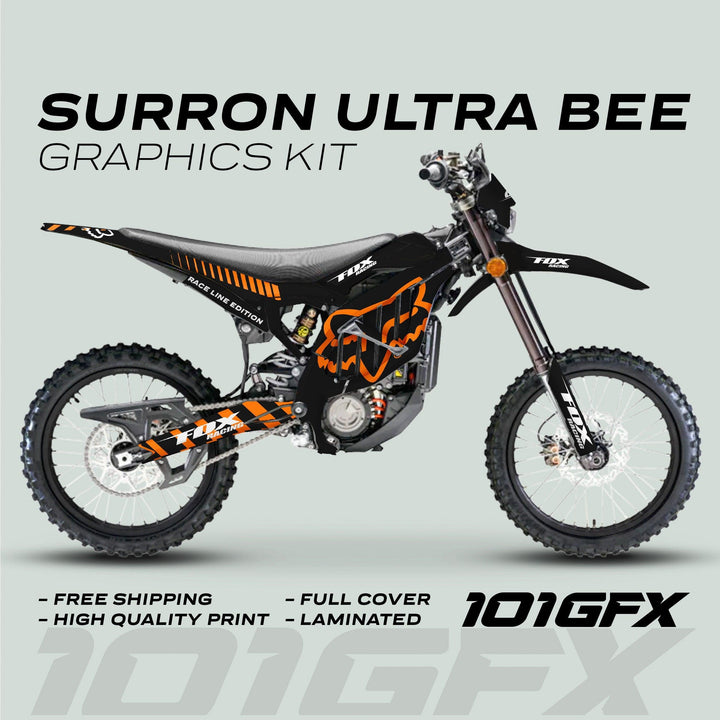 Sur-Ron Ultra Bee with FOX RACE LINE Black Orange graphics kit, featuring black-and-orange decals, free shipping, high-quality print, full coverage, and laminated finish.