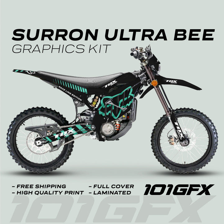 Surron Ultra Bee Graphics Kit FOX RACE LINE Black Mint on electric dirt-bike, featuring sleek black-and-teal design, emphasizing durability and easy installation for standout style.