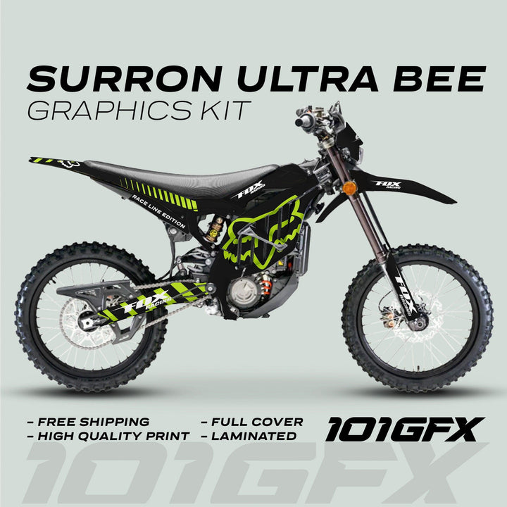 Surron Ultra Bee Graphics Kit FOX RACE LINE Black Green on electric dirt-bike with full-coverage neon-green and black Fox Racing decals, promoting durability and easy installation.