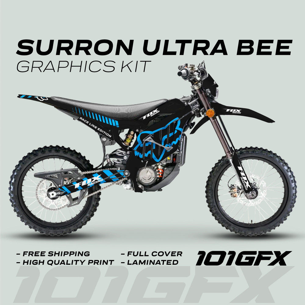Surron Ultra Bee Graphics Kit FOX RACE LINE in Black Cyan displayed on a bike, featuring a blue and black wrap with 101GFX branding and feature callouts.