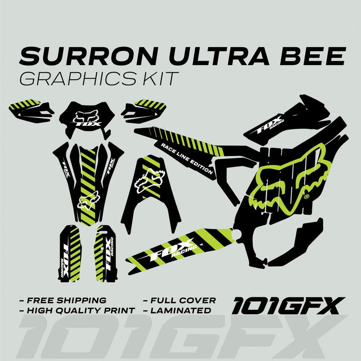 Surron Ultra Bee Graphics Kit FOX RACE LINE Black Green: Decals with neon-green stripes, Fox logos, labeled panels, highlighting free shipping, high quality, and full coverage.