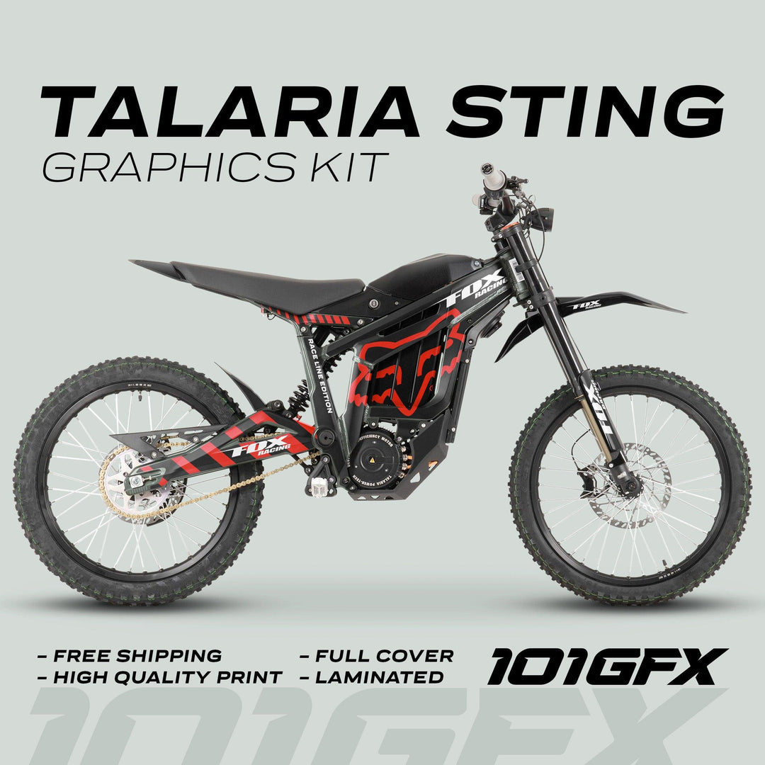 Talaria Sting MX3 MX4 Graphics Kit FOX Raceline Black Red on an electric dirt-bike, showcasing full-coverage, laminated vinyl decals with free shipping and high-quality print.