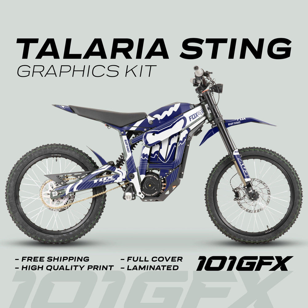 Talaria Sting MX3 MX4 Graphics Kit FOX STRIPES Navy White on bike, showcasing blue-and-white decals, offers free shipping, high-quality print, full cover, and laminated protection.