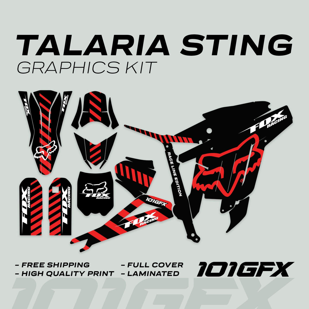 Talaria Sting MX3 MX4 Graphics Kit FOX Raceline Black Red, featuring pre-cut decals with red stripes, FOX logos, and fox-head silhouette, showcasing durability and glossy finish.