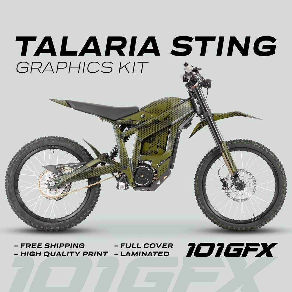 Talaria Sting MX3 MX4 Graphics Kit HEXOCAM Olive on electric dirt-bike; green and black pattern with “free shipping,” “high quality print,” “full cover,” “laminated” callouts.