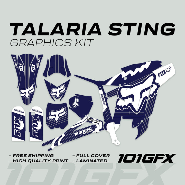 Talaria Sting MX3 MX4 Graphics Kit features navy-and-white FOX STRIPES decals with fork guards, shrouds, and fenders, promoting durability and easy application.