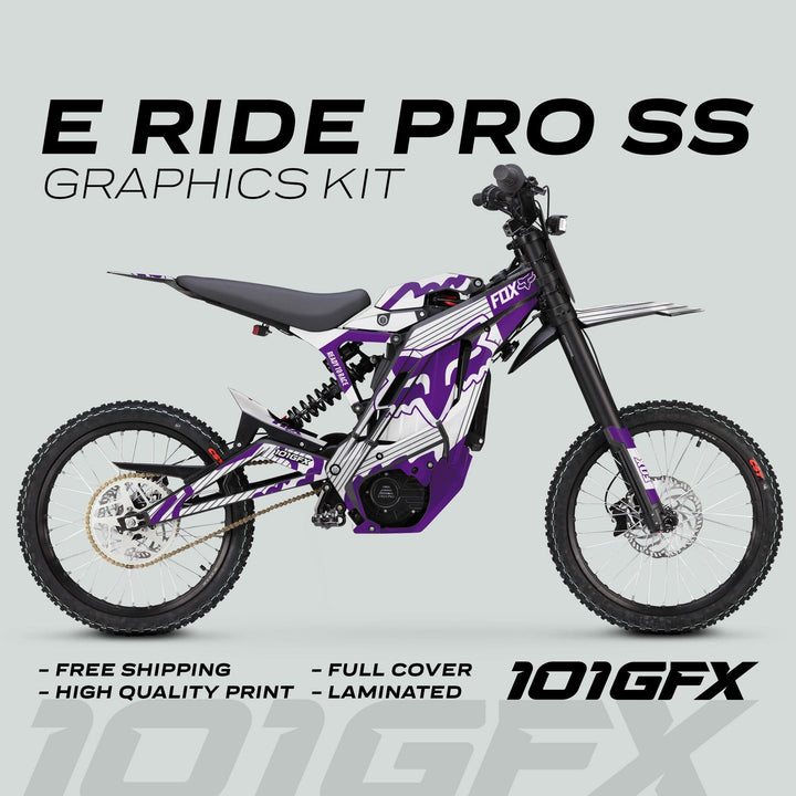 E Ride Pro SS Graphics Kit FOX R Stripes White Purple displayed on electric bike, highlighting side-profile design, free shipping, high-quality print, full cover, laminated.