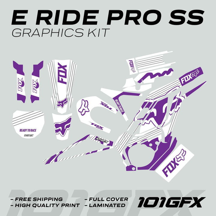E Ride Pro SS Graphics Kit FOX R Stripes, featuring white and purple decals for an off-road bike, includes fork guards, fenders, side panels, and number plates.