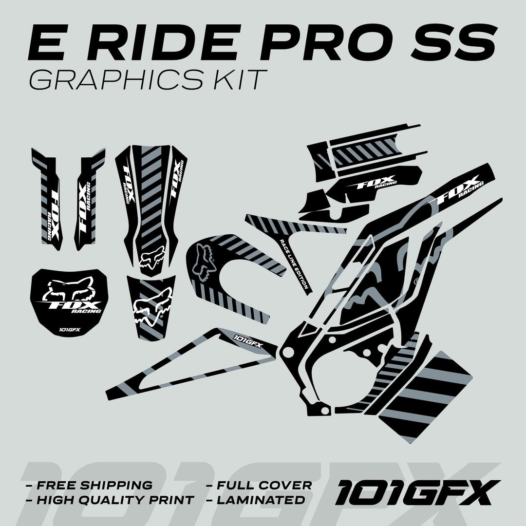 E Ride Pro SS Graphics Kit FOX Race Line Black Grey, featuring vinyl decals for forks, fenders, shrouds, swingarm, and number plates with Fox Racing logos.
