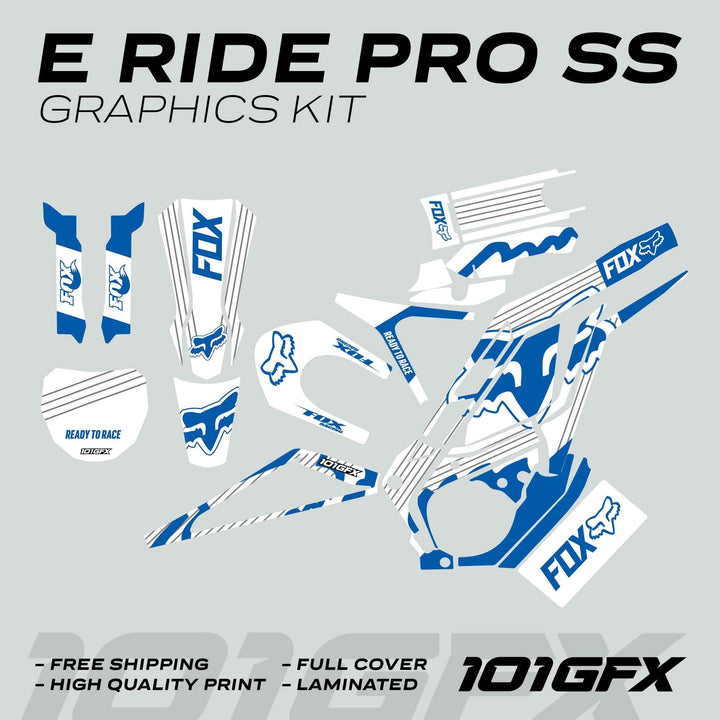 E Ride Pro SS Graphics Kit with Fox Racing's white-blue livery, featuring decals for e-mountain-bike frames, promoting durability, vibrant colors, and easy application.