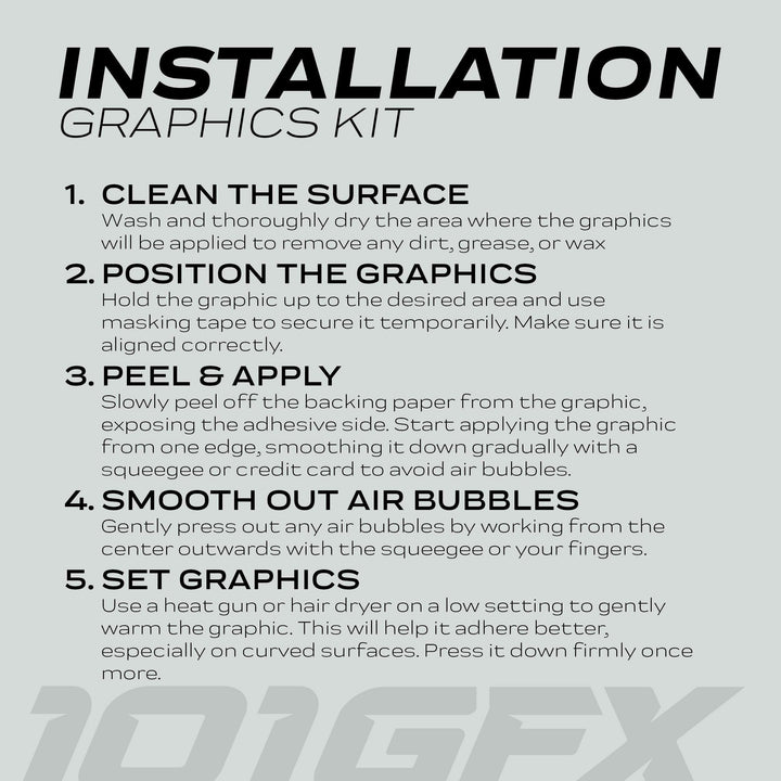 E Ride Pro SS Graphics Kit FOX Race Line Black Grey installation instructions with five steps for applying self-adhesive graphics, featuring cleaning, positioning, applying, smoothing, and setting.