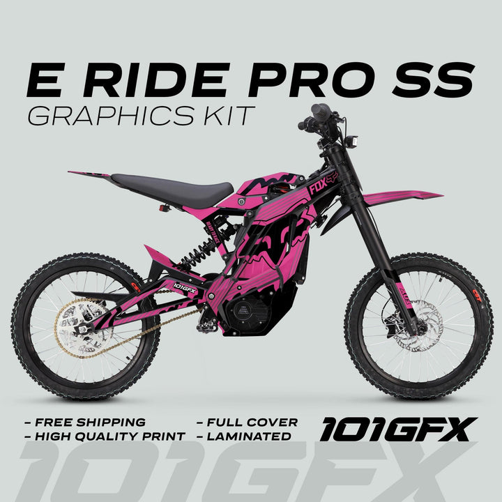 E Ride Pro SS Graphics Kit FOX R Stripes Pink Black on electric bike, showcasing pink-and-black decals, emphasizing durability and style with free shipping and high-quality print features.