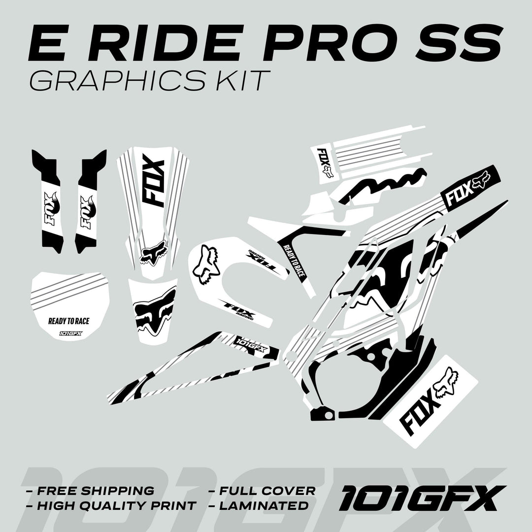 E Ride Pro SS Graphics Kit FOX R Stripes White Black, featuring individual decals with Fox logos, Ready to Race text, showcasing durability and easy application elements.