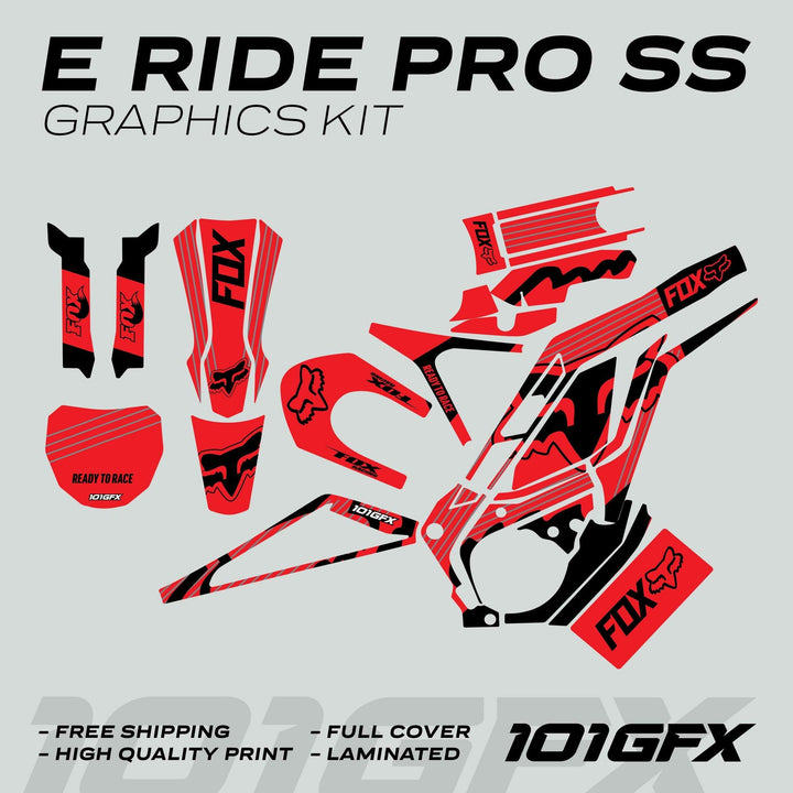 E Ride Pro SS Graphics Kit FOX R Stripes Red Black, showing decal pieces with FOX logos, emphasizing durability, easy application, and vibrant design for E Ride Pro models.