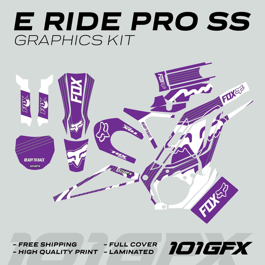 E Ride Pro SS Graphics Kit FOX R Stripes Purple White displayed with die-cut decals for bike parts, promoting free shipping, high-quality print, full cover, and laminated features.
