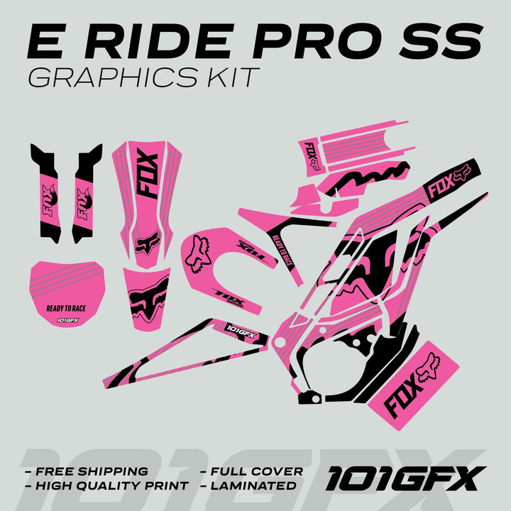 E Ride Pro SS Graphics Kit FOX R Stripes Pink Black featuring pink-and-black vinyl decals with FOX logos, emphasizing durability and easy application for vehicle enhancement.