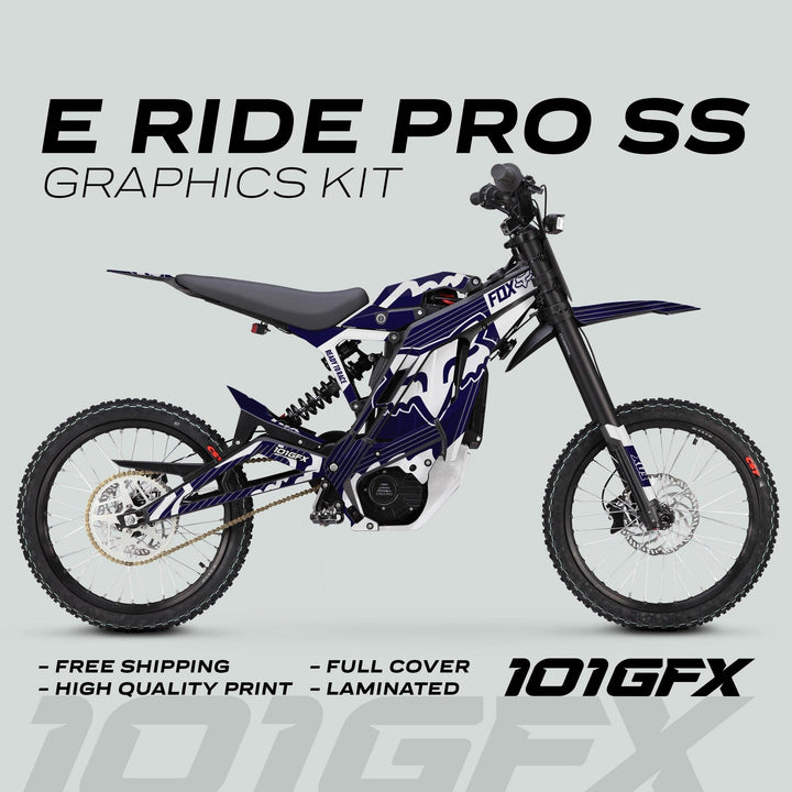 E Ride Pro SS Graphics Kit FOX R Stripes Navy White on electric dirt bike, featuring custom decals with free shipping, high-quality print, and laminated finish for durability.
