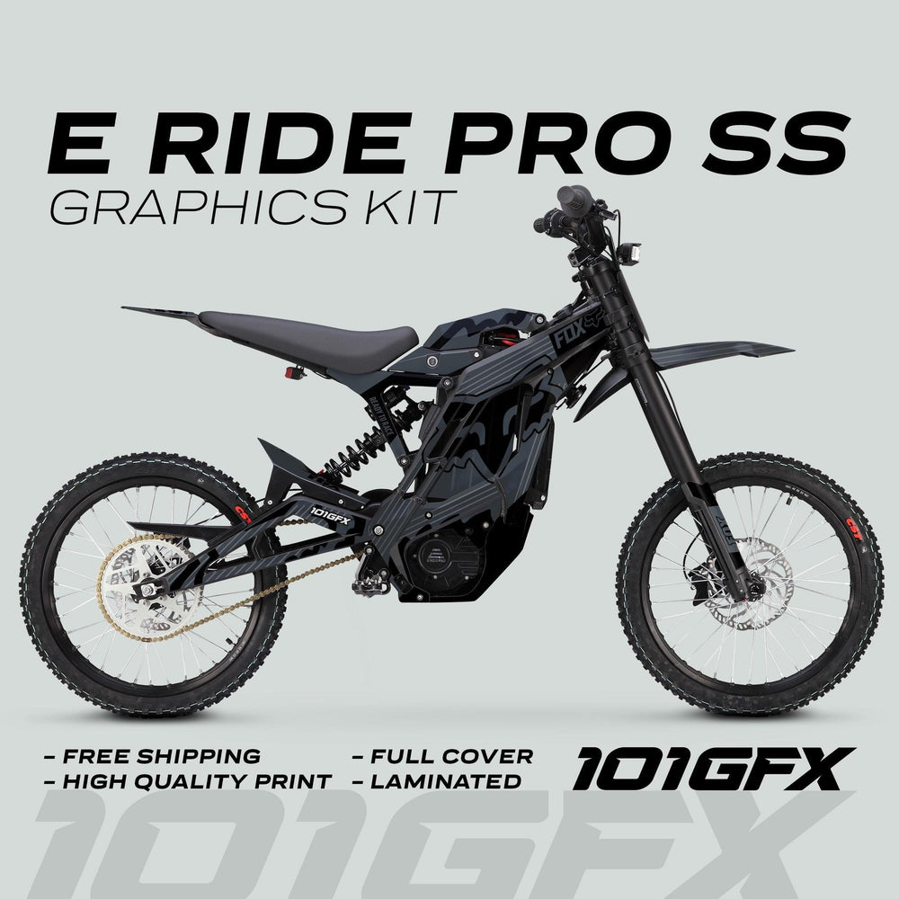Electric off-road motorcycle with E Ride Pro SS Graphics Kit FOX R Stripes Grey Black, featuring camo-style design, FOX branding, full coverage, and laminated decals.