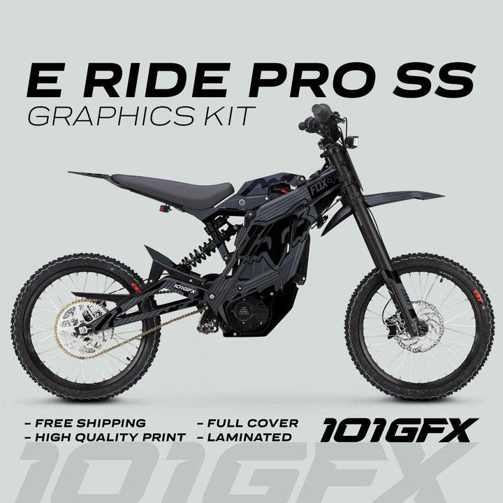 Electric off-road motorcycle with E Ride Pro SS Graphics Kit FOX R Stripes Grey Black, featuring camo-style design, FOX branding, full coverage, and laminated decals.