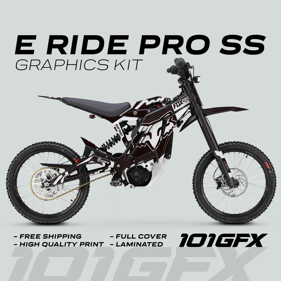 E Ride Pro SS Graphics Kit FOX R Stripes displayed on an off-road motorcycle with black-and-white mountain decals, emphasizing durability and easy application.