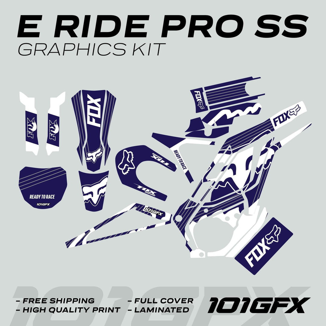 E Ride Pro SS Graphics Kit with FOX R stripes, navy/white design, showcasing vinyl decals for bike parts, offers durability, seamless fit, and easy application.