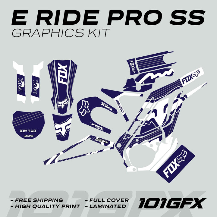 E Ride Pro SS Graphics Kit with FOX R stripes, navy/white design, showcasing vinyl decals for bike parts, offers durability, seamless fit, and easy application.