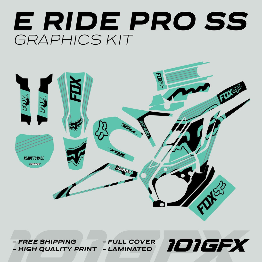 E Ride Pro SS Graphics Kit FOX R Stripes Mint Black, showcasing decals with Fox logos, designed for E Ride Pro models, highlighting free shipping, durability, and easy installation.