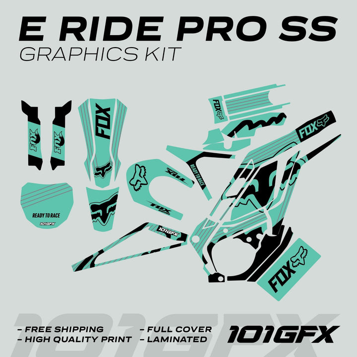 E Ride Pro SS Graphics Kit FOX R Stripes Mint Black, showcasing decals with Fox logos, designed for E Ride Pro models, highlighting free shipping, durability, and easy installation.